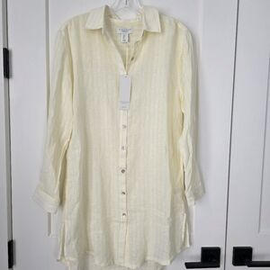 Calypso St Barth Beach Lightweight Button-Front Tunic in Pale Yellow Stripe